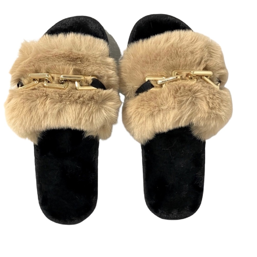 1007-Kaki Golden Metal Faux Fur Slippers